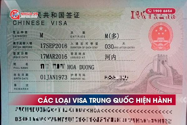 Các loại visa Trung Quốc hiện hành
